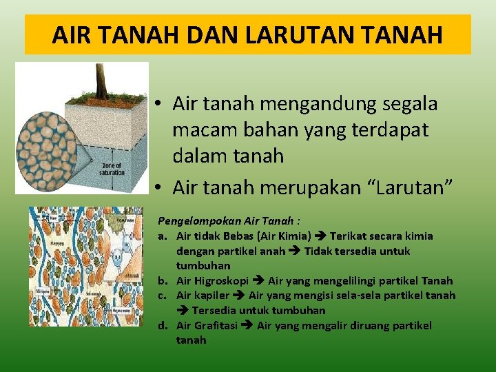 AIR TANAH DAN LARUTAN TANAH • Air tanah mengandung segala macam bahan yang terdapat