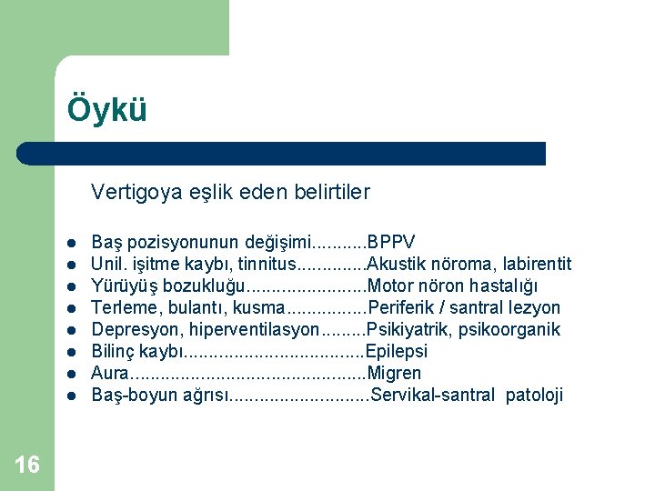 Öykü Vertigoya eşlik eden belirtiler l l l l 16 Baş pozisyonunun değişimi. .