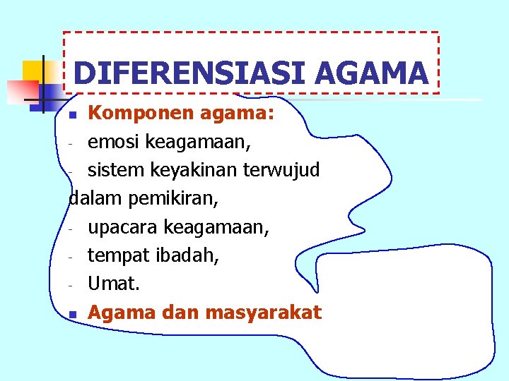 DIFERENSIASI AGAMA Komponen agama: - emosi keagamaan, - sistem keyakinan terwujud dalam pemikiran, -