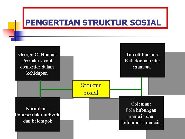 PENGERTIAN STRUKTUR SOSIAL George C. Homan: Perilaku sosial elementer dalam kehidupan Talcott Parsons: Keterkaitan