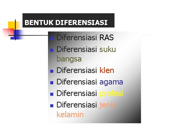 BENTUK DIFERENSIASI n n n Diferensiasi bangsa Diferensiasi kelamin RAS suku klen agama profesi BENTUK DIFERENSIASI n n n Diferensiasi bangsa Diferensiasi kelamin RAS suku klen agama profesi