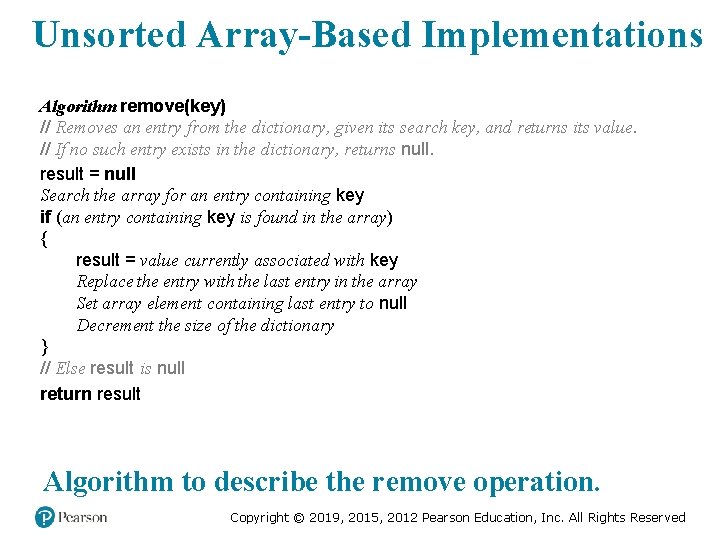 Unsorted Array-Based Implementations Algorithm remove(key) // Removes an entry from the dictionary, given its