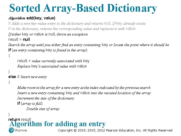 Sorted Array-Based Dictionary Algorithm add(key, value) // Adds a new key-value entry to the