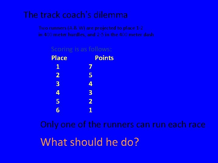 The track coach’s dilemma Two runners (A & W) are projected to place 1