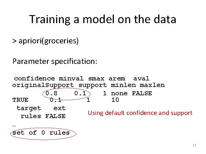 Training a model on the data > apriori(groceries) Parameter specification: confidence minval smax arem