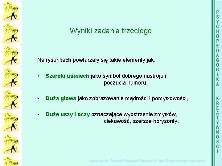 Wyniki zadania trzeciego Na rysunkach powtarzały się takie elementy jak: • Szeroki uśmiech jako