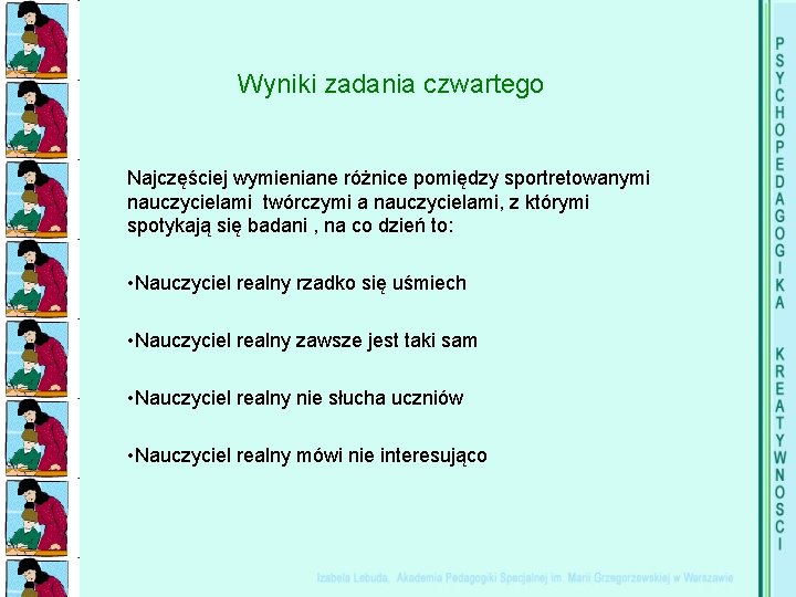 Wyniki zadania czwartego Najczęściej wymieniane różnice pomiędzy sportretowanymi nauczycielami twórczymi a nauczycielami, z którymi