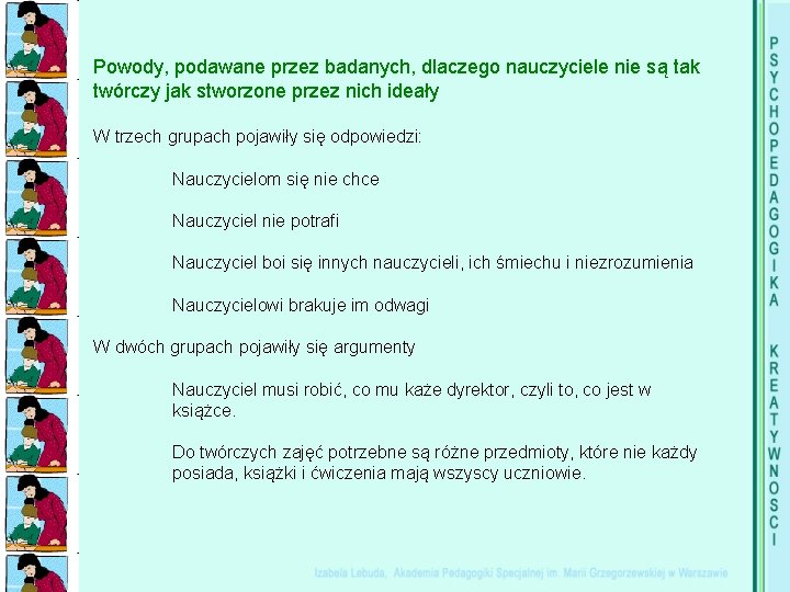 Powody, podawane przez badanych, dlaczego nauczyciele nie są tak twórczy jak stworzone przez nich