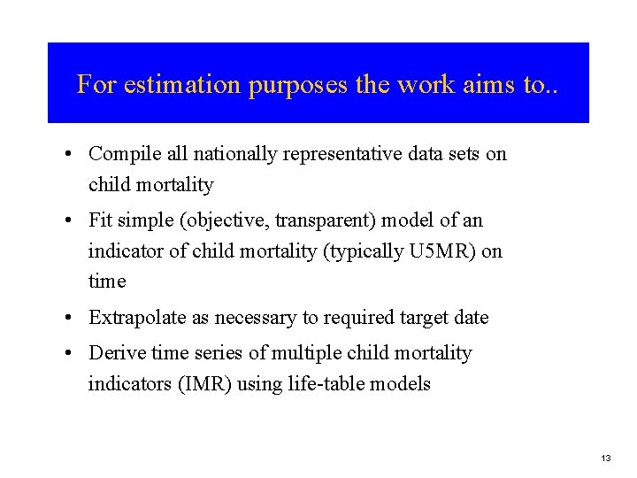 For estimation purposes the work aims to. . • Compile all nationally representative data