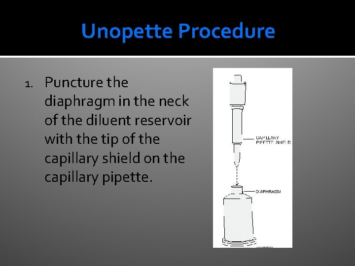 Unopette Procedure 1. Puncture the diaphragm in the neck of the diluent reservoir with