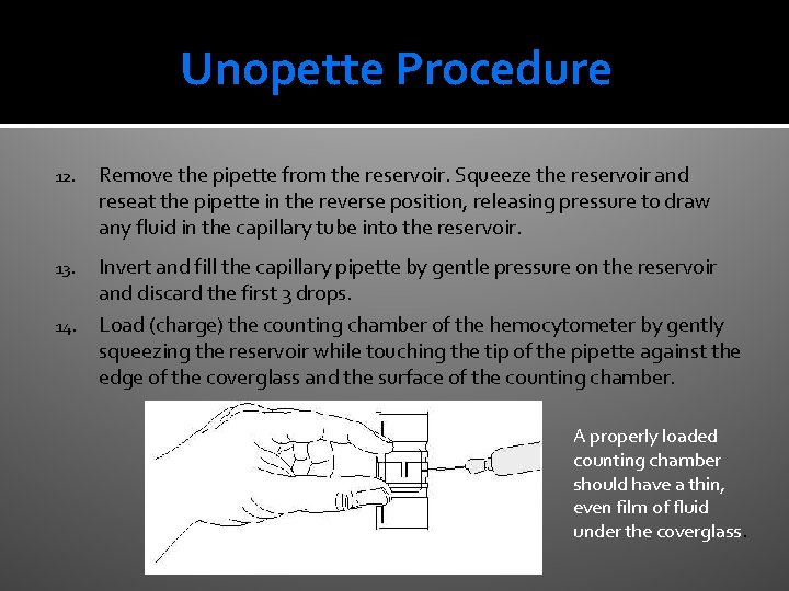 Unopette Procedure 12. Remove the pipette from the reservoir. Squeeze the reservoir and reseat