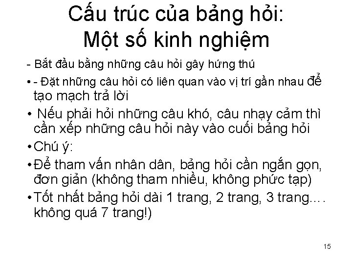 Cấu trúc của bảng hỏi: Một số kinh nghiệm - Bắt đầu bằng những