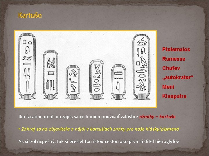 Kartuše Ptolemaios Ramesse Chufev „autokrator“ Meni Kleopatra Iba faraóni mohli na zápis svojich mien