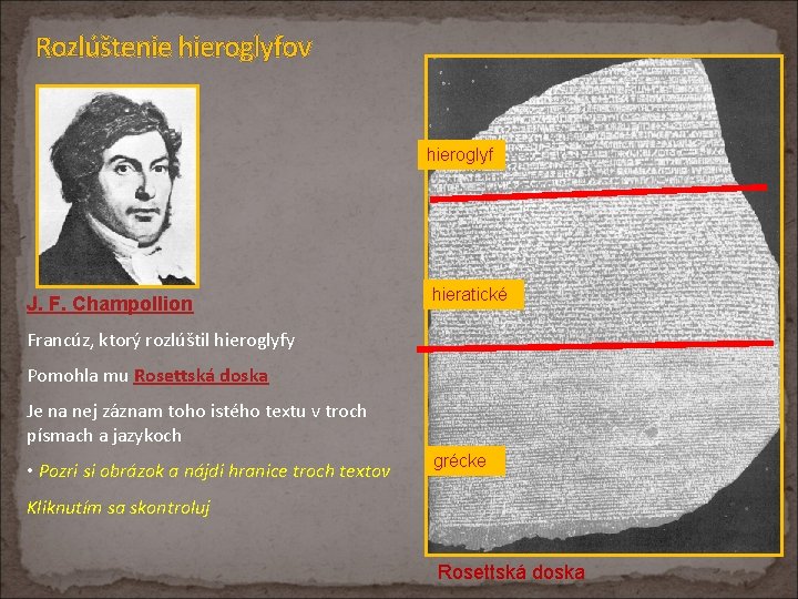 Rozlúštenie hieroglyfov hieroglyf J. F. Champollion hieratické Francúz, ktorý rozlúštil hieroglyfy Pomohla mu Rosettská