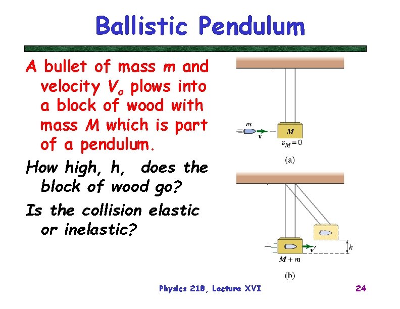 Ballistic Pendulum A bullet of mass m and velocity Vo plows into a block