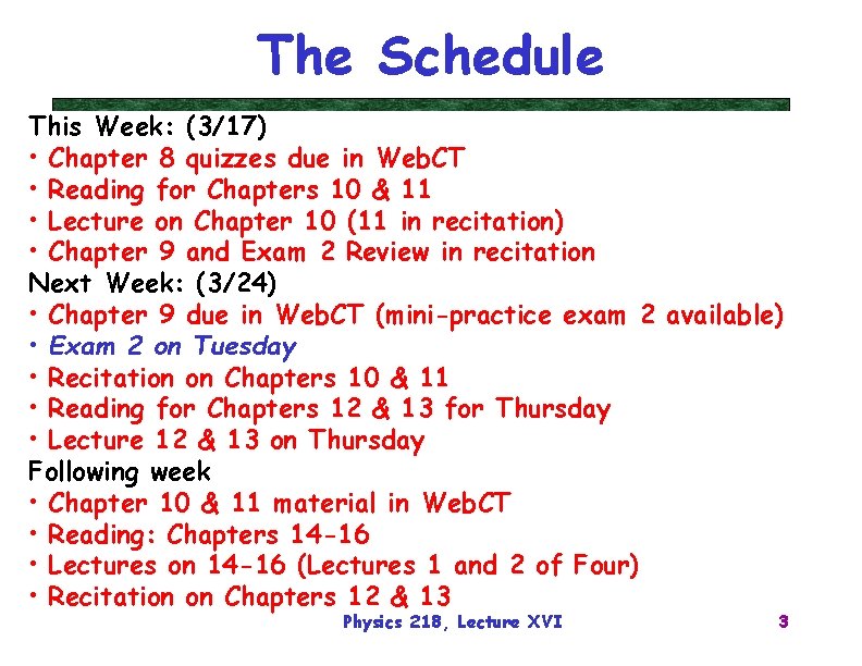 The Schedule This Week: (3/17) • Chapter 8 quizzes due in Web. CT •