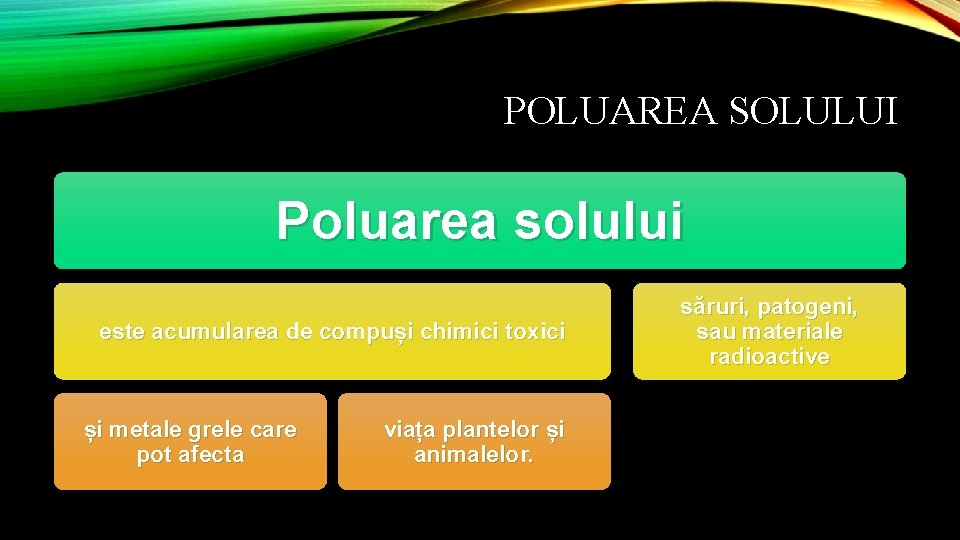 POLUAREA SOLULUI Poluarea solului este acumularea de compuși chimici toxici și metale grele care POLUAREA SOLULUI Poluarea solului este acumularea de compuși chimici toxici și metale grele care
