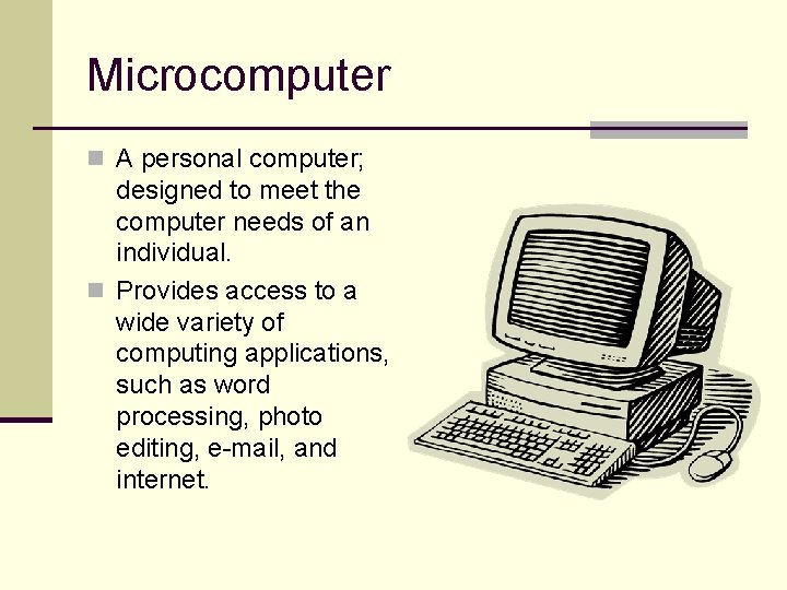 Microcomputer n A personal computer; designed to meet the computer needs of an individual.