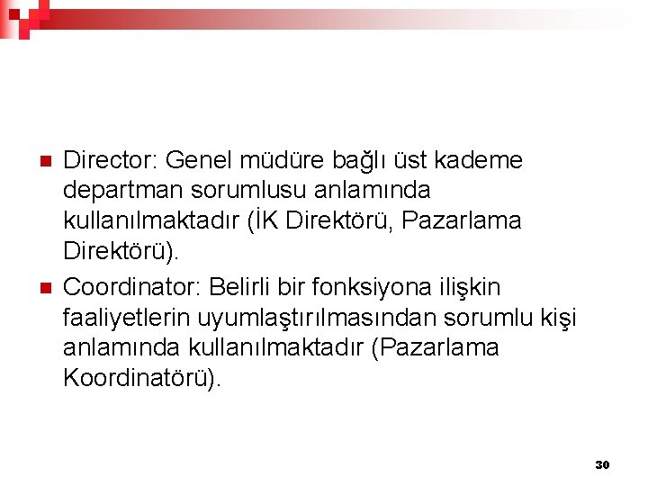 n n Director: Genel müdüre bağlı üst kademe departman sorumlusu anlamında kullanılmaktadır (İK Direktörü,