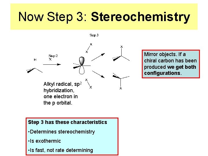Now Step 3: Stereochemistry Mirror objects. If a chiral carbon has been produced we