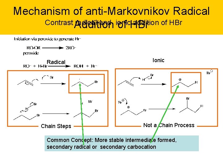 Mechanism of anti-Markovnikov Radical Contrast Addition radical and ionic addition of HBr Radical Chain