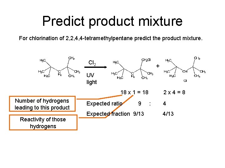 Predict product mixture For chlorination of 2, 2, 4, 4 -tetramethylpentane predict the product