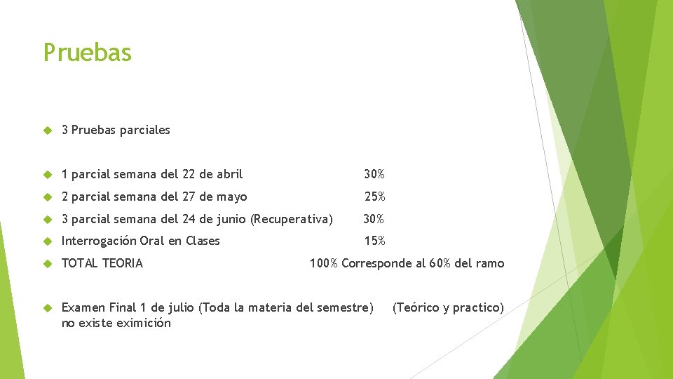 Pruebas 3 Pruebas parciales 1 parcial semana del 22 de abril 30% 2 parcial