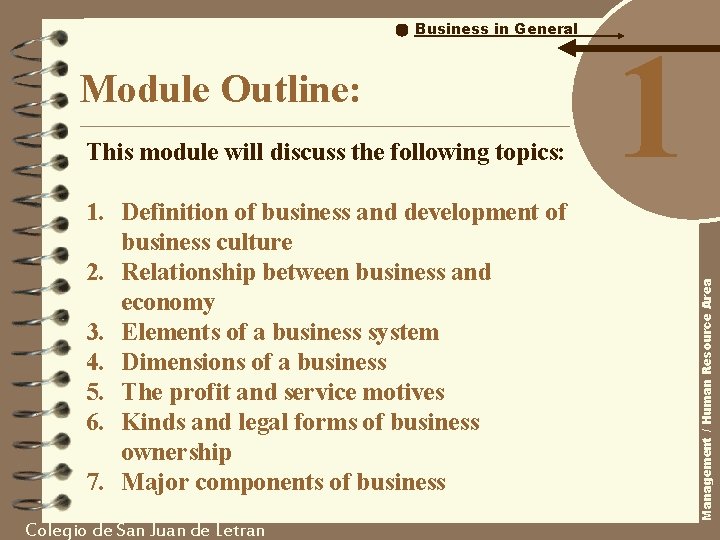 Module Outline: This module will discuss the following topics: 1. Definition of business and