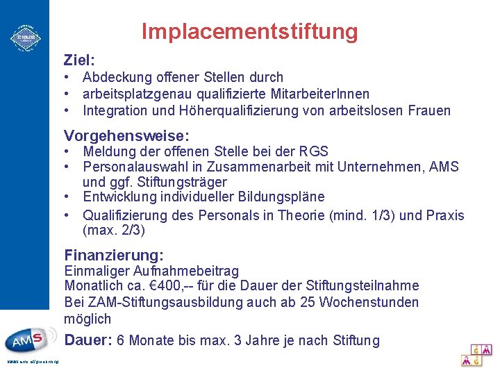 Implacementstiftung Ziel: • Abdeckung offener Stellen durch • arbeitsplatzgenau qualifizierte Mitarbeiter. Innen • Integration