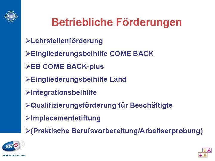 Betriebliche Förderungen ØLehrstellenförderung ØEingliederungsbeihilfe COME BACK ØEB COME BACK-plus ØEingliederungsbeihilfe Land ØIntegrationsbeihilfe ØQualifizierungsförderung für