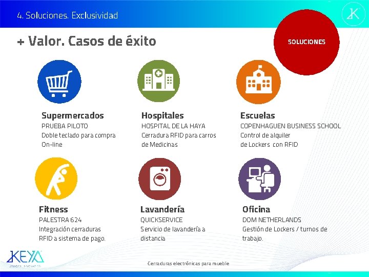 4. Soluciones. Exclusividad + Valor. Casos de éxito SOLUCIONES Supermercados Hospitales Escuelas Fitness Lavandería