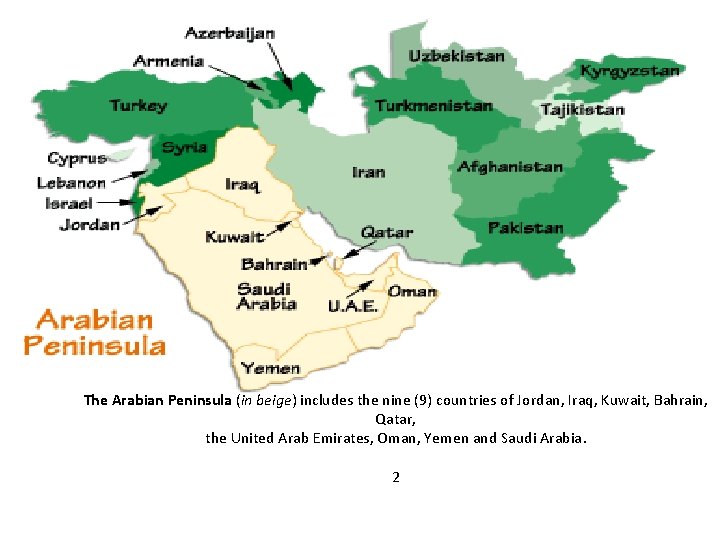The Arabian Peninsula (in beige) includes the nine (9) countries of Jordan, Iraq, Kuwait,