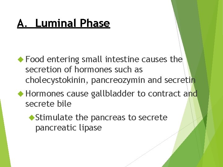 A. Luminal Phase Food entering small intestine causes the secretion of hormones such as