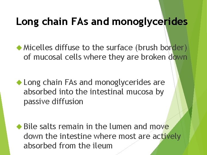 Long chain FAs and monoglycerides Micelles diffuse to the surface (brush border) of mucosal