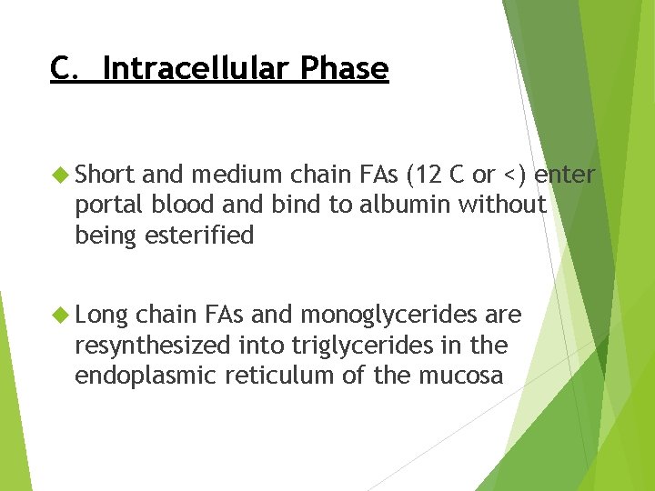 C. Intracellular Phase Short and medium chain FAs (12 C or <) enter portal