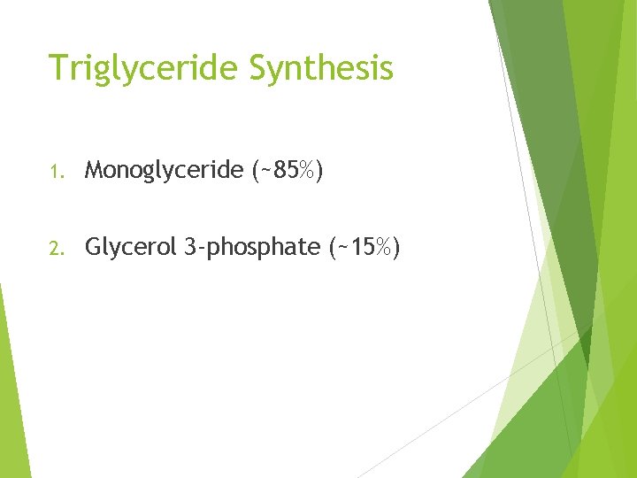 Triglyceride Synthesis 1. Monoglyceride (~85%) 2. Glycerol 3 -phosphate (~15%) 
