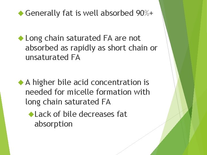  Generally fat is well absorbed 90%+ Long chain saturated FA are not absorbed