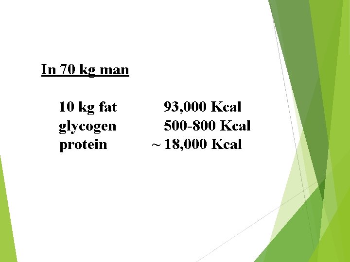 In 70 kg man 10 kg fat glycogen protein 93, 000 Kcal 500 -800