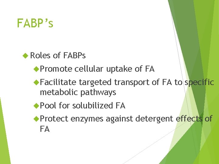 FABP’s Roles of FABPs Promote cellular uptake of FA Facilitate targeted transport of FA