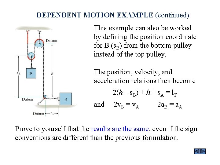 DEPENDENT MOTION EXAMPLE (continued) This example can also be worked by defining the position