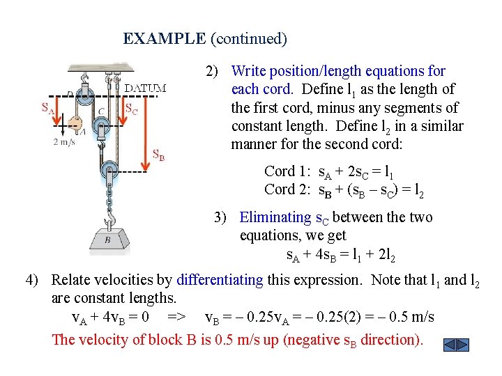 EXAMPLE (continued) 2) Write position/length equations for each cord. Define l 1 as the
