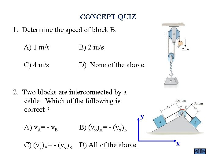 CONCEPT QUIZ 1. Determine the speed of block B. A) 1 m/s B) 2