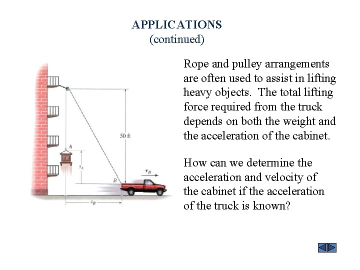 APPLICATIONS (continued) Rope and pulley arrangements are often used to assist in lifting heavy