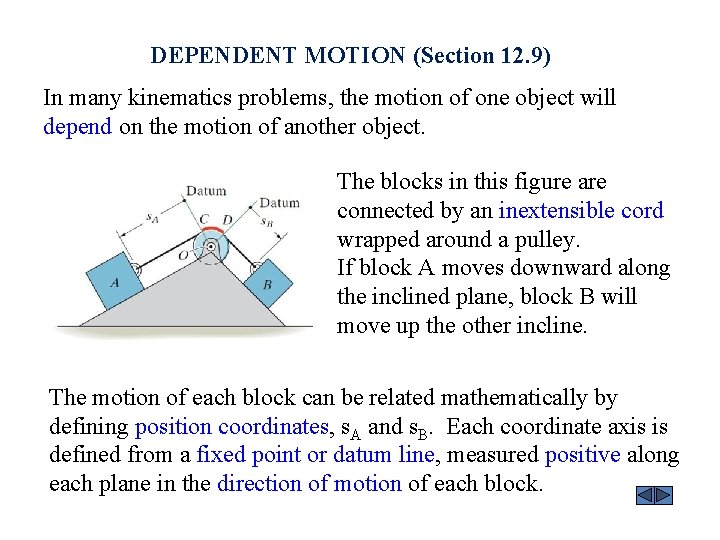 DEPENDENT MOTION (Section 12. 9) In many kinematics problems, the motion of one object