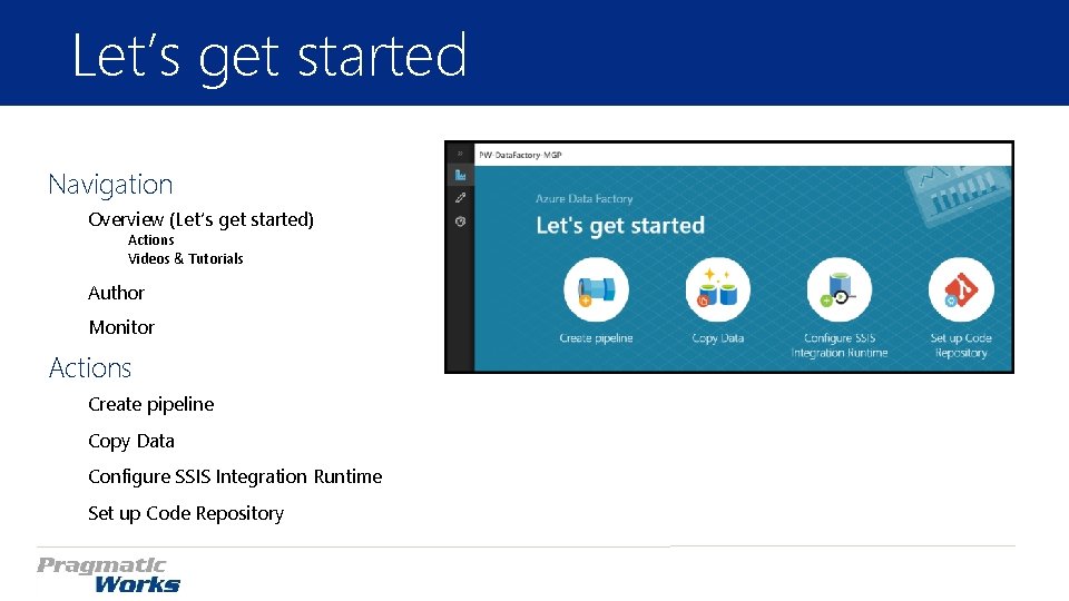 Let’s get started Navigation Overview (Let’s get started) Actions Videos & Tutorials Author Monitor Let’s get started Navigation Overview (Let’s get started) Actions Videos & Tutorials Author Monitor