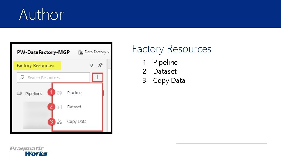 Author Factory Resources 1. Pipeline 2. Dataset 3. Copy Data Author Factory Resources 1. Pipeline 2. Dataset 3. Copy Data