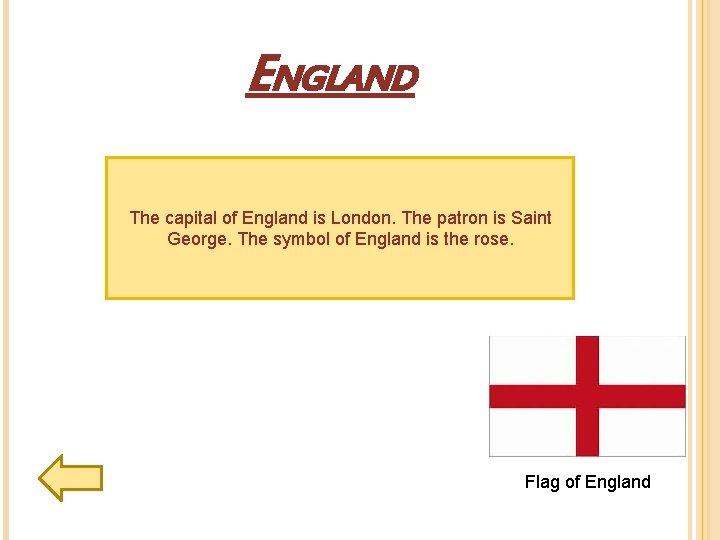 ENGLAND The capital of England is London. The patron is Saint George. The symbol