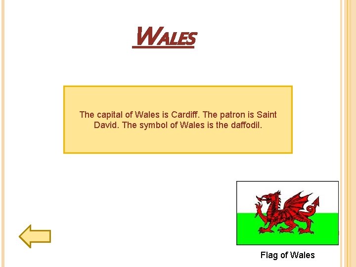 WALES The capital of Wales is Cardiff. The patron is Saint David. The symbol