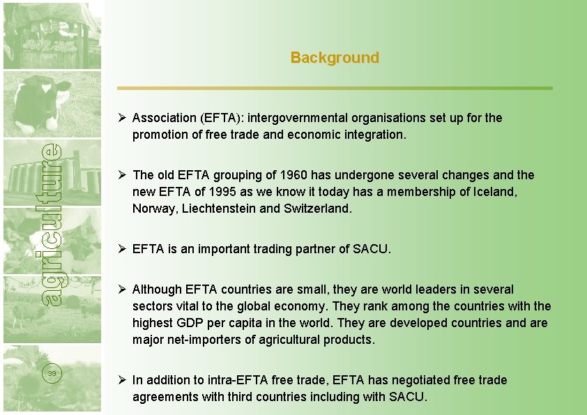 Background Ø Association (EFTA): intergovernmental organisations set up for the promotion of free trade