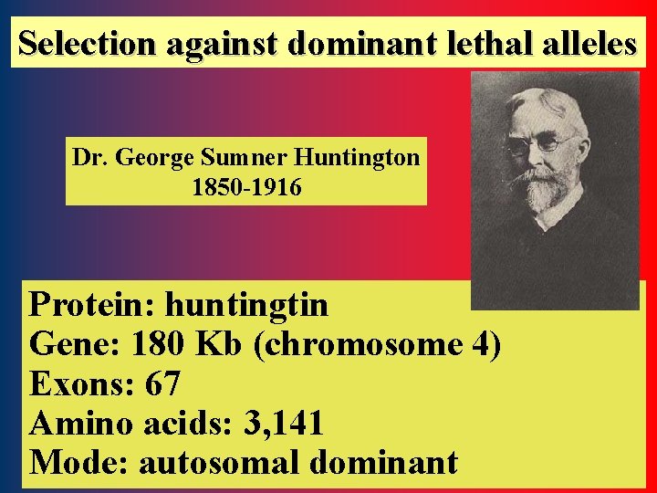 Selection against dominant lethal alleles Dr. George Sumner Huntington 1850 -1916 Protein: huntingtin Gene: